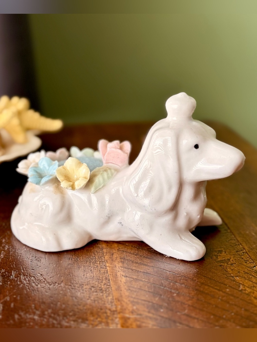 Ceramic White Dachshund Vintage Figurine Pastel Flowers & Pin Cushion